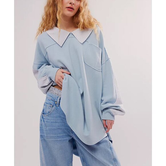 🆕 NWT FREE PEOPLE Madeleine Sweatshirt / Winter Sky Combo Size L - Picture 2 of 10